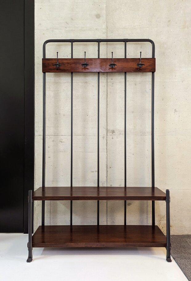 Vintage Industrial style Harlem bench with coat rack.