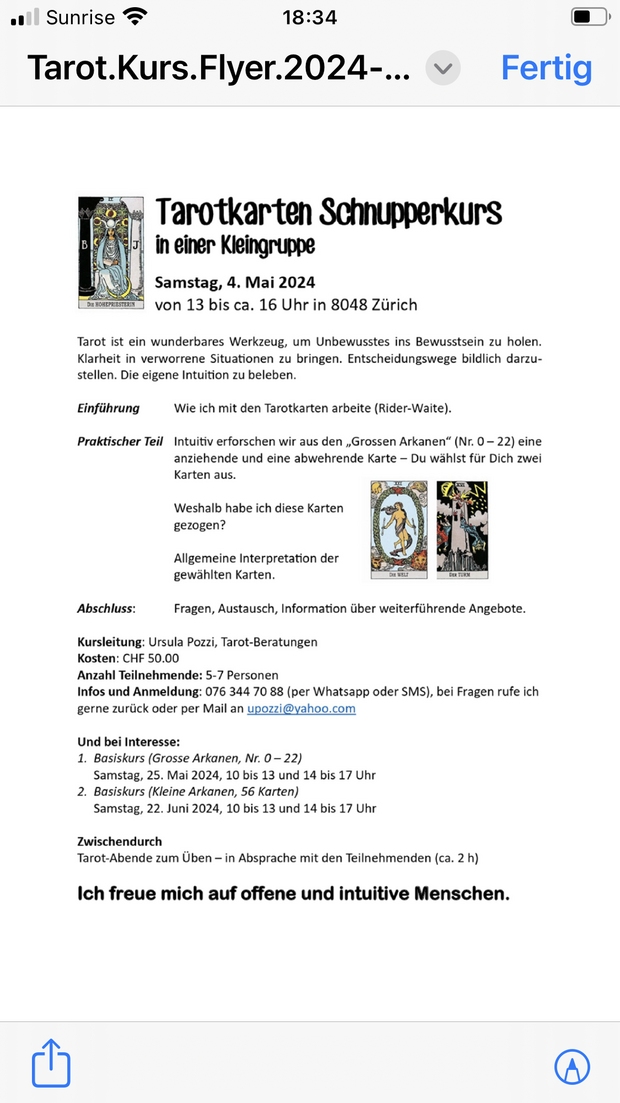 Tarotkarten-Schnupperkurs in Kleingruppe 
Samstag 4.Mai...